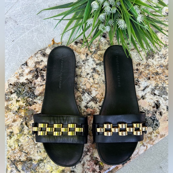 Veronica Beard ENI black Chain-Trimmed Leather Slides Gold hardware size…7 - Picture 10 of 14